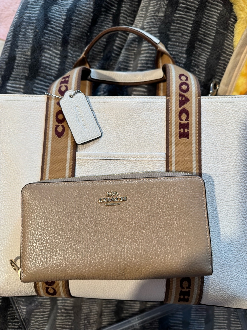 Coach White Pebbled Tote with Taupe Pebbled Wallet and Branded Canvas Straps